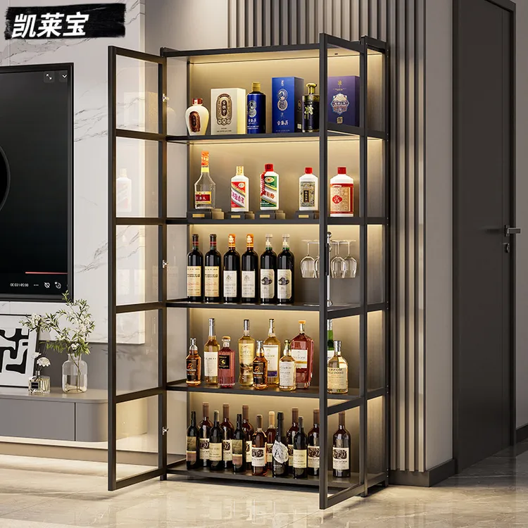 带锁酒柜一体柜靠墙储物柜自带灯条家用客厅红酒展示柜隔层柜落地