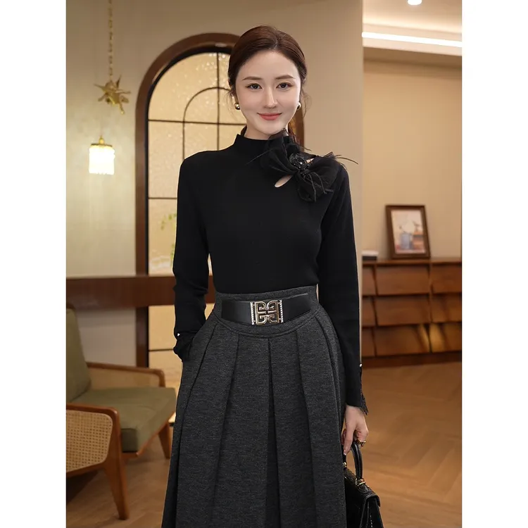 2026秋冬季新款【8531】含绵羊毛别致洋气打底针织衫黑色内搭毛衣