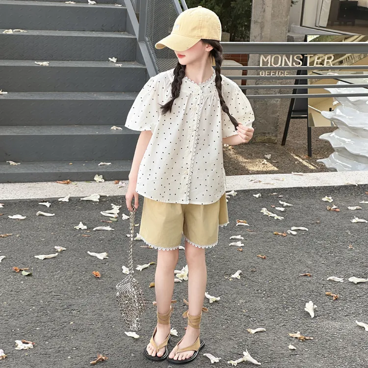 女童夏季短袖套装6-12岁洋气女孩娃娃衫波点上衣中大童夏装两件套