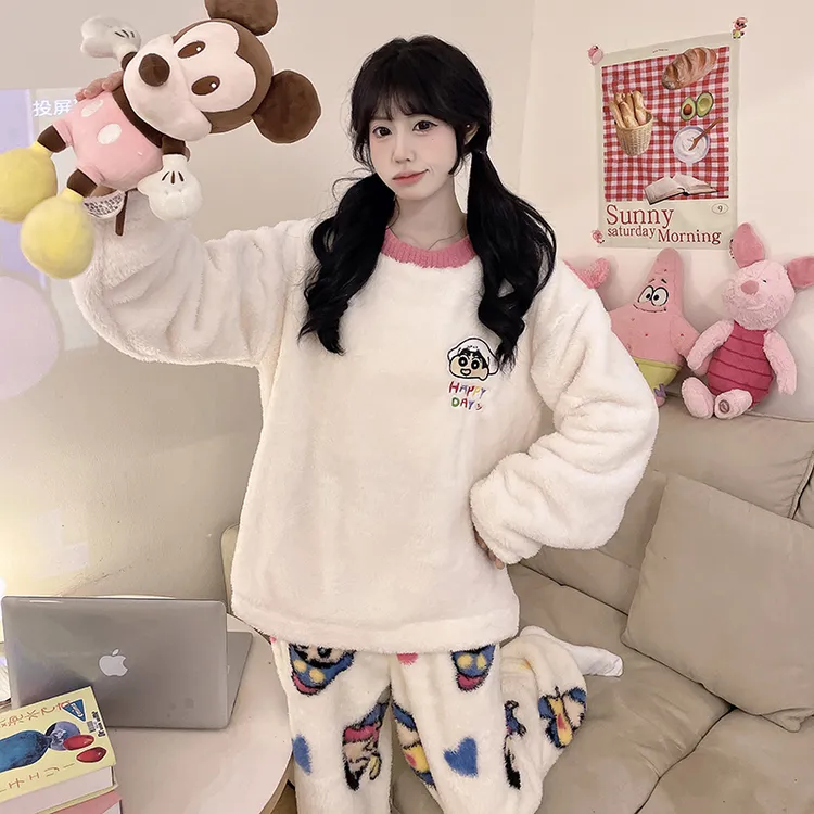 新款珊瑚绒圆领睡衣女套装春秋冬季加绒加厚休闲卡通法兰绒家居服