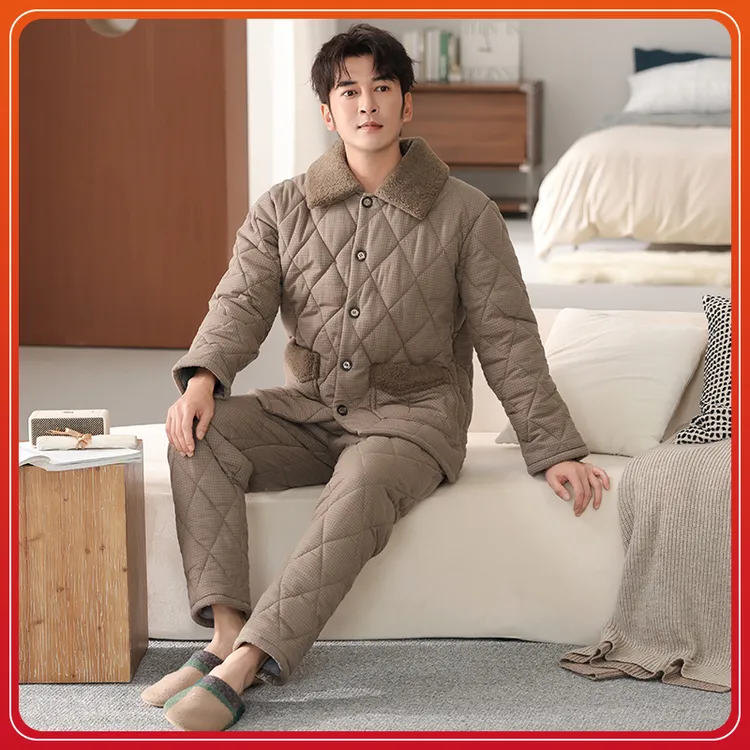 A类三层夹棉保暖加厚睡衣女翻领撞色秋冬季情侣睡衣居家家居服套