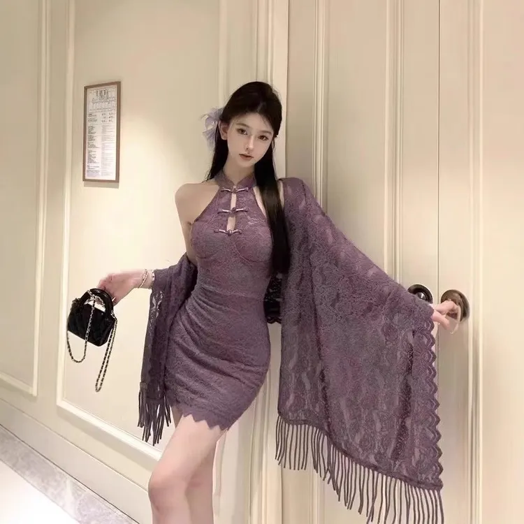 新中式短裙刺绣无袖包臀裙旗袍时尚性感复古长款镂空