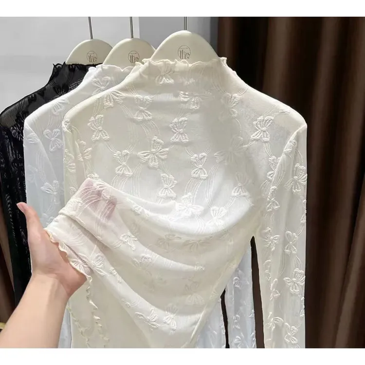 杏色半高领木耳边网纱打底衫女爆款2025新款秋冬长袖提花薄款上衣