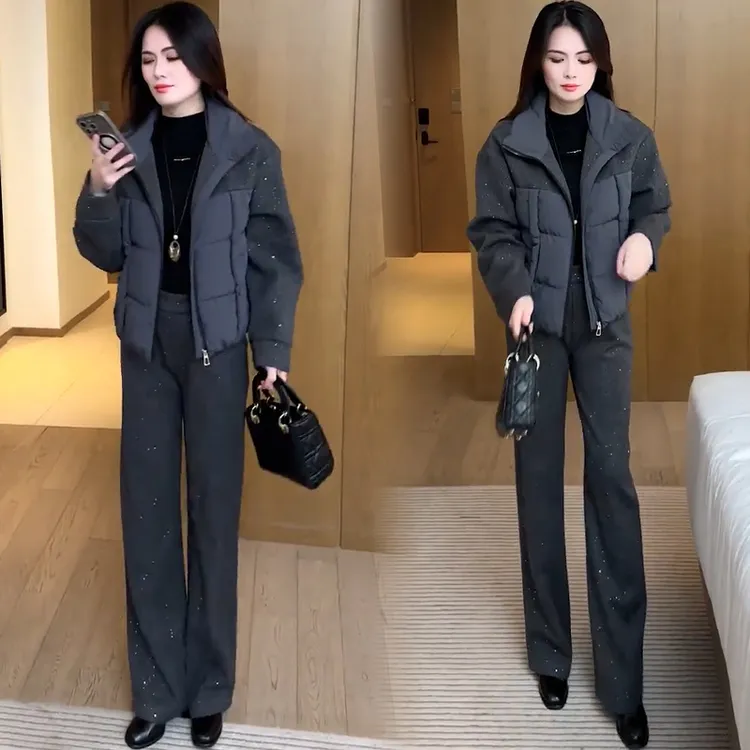 时尚套装女2025冬季新款洋气显瘦加厚保暖棉服外套阔腿裤两件套
