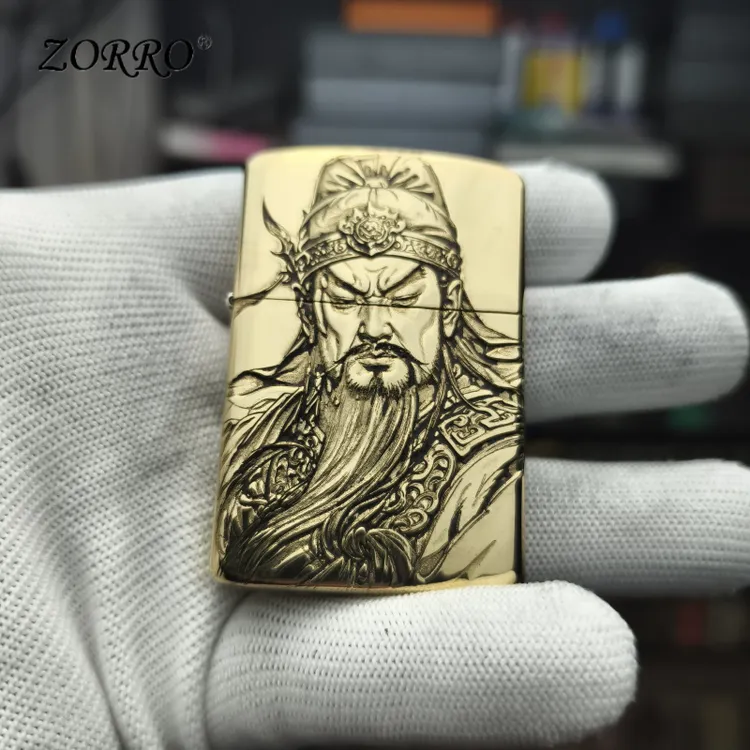 ZORRO佐罗浮雕武财神黄铜防风煤油打火机加厚902s白镍双色个性创