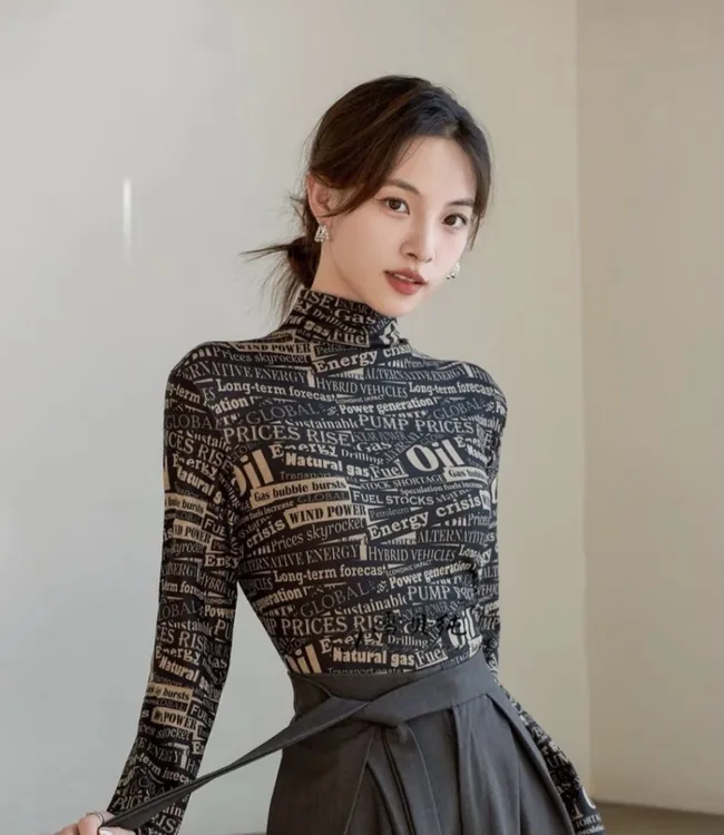 双面德绒印花半高领小衫离子发热德绒保暖长袖打底秋冬新款33221