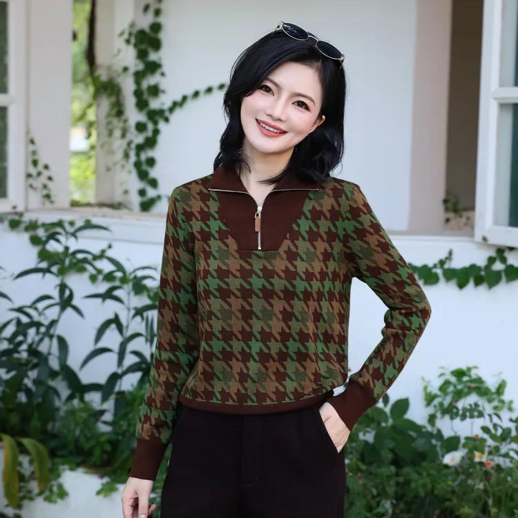 枫竺阿楠anan高智感半拉链千鸟格提花羊毛针织衫女秋冬保暖毛衣