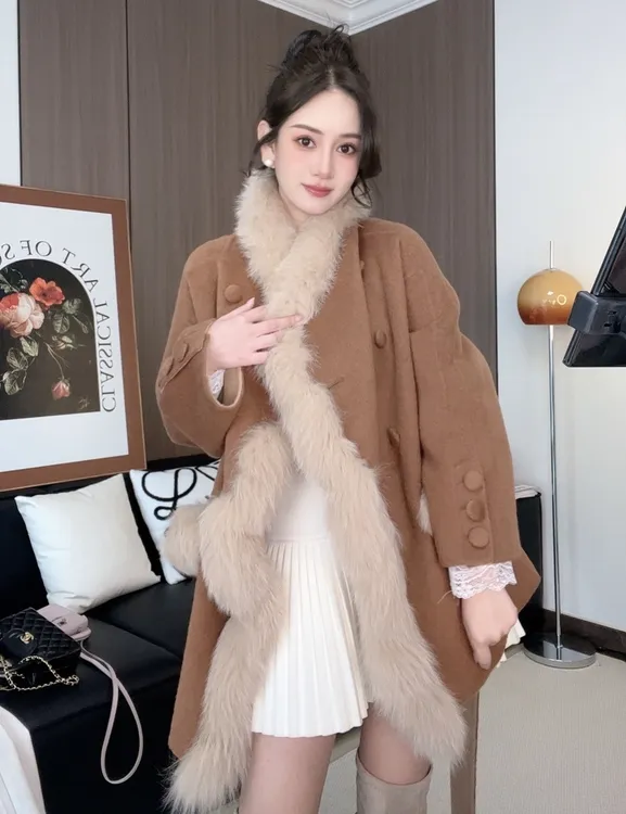 2024新年战袍网红千寻同款秋冬双面羊毛大衣狐狸毛大衣双面呢外套