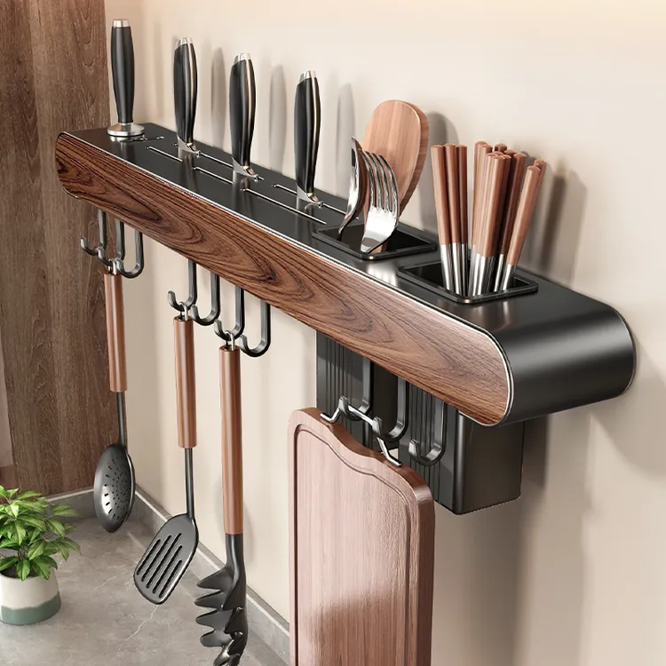 中古风厨房刀架不锈钢置物架筷笼一体筷筒篓壁挂式免打孔收纳架子