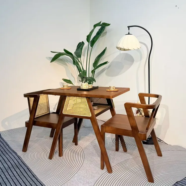 北欧家用实木阳台小茶桌休闲一桌二椅组合设计师洽谈喝茶藤椅桌子