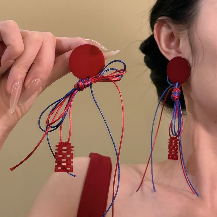 铜合金树脂耳饰 复古喜字长款流苏耳环小众设计夸张耳钉新娘耳饰