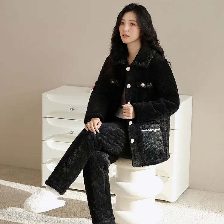 黑色小香风珊瑚绒夹棉睡衣女秋冬三层加绒加厚保暖棉袄冬天家居服