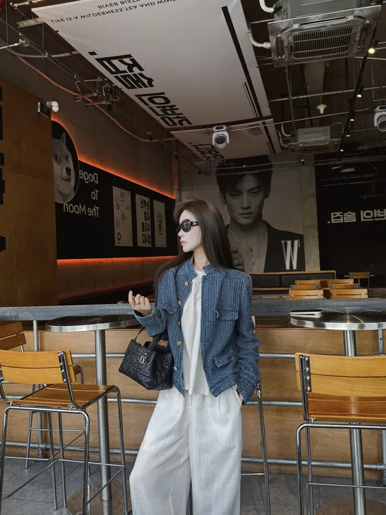 人气王！老钱调b*v小众肌理感牛仔小香外套H型立领夹克