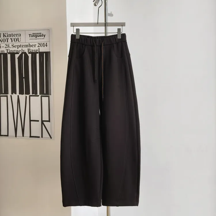 冬季加绒简约中高腰纯色慵懒风保暖休闲松紧香蕉裤阔腿百搭老钱风