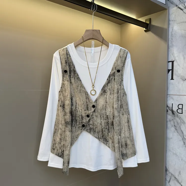新款小众减龄大码穿搭2025圆领拼接假两件长袖显瘦百搭上衣7916