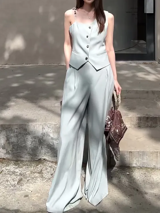 无袖西装套装2025夏季新款老钱风设计感串珠吊带背心+压褶阔腿裤