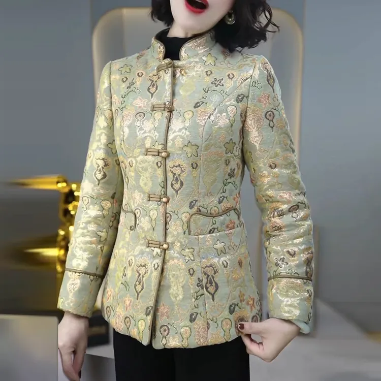 秋冬新款新中式立领盘扣夹棉短外套女加厚保暖妈妈装气质国风上衣