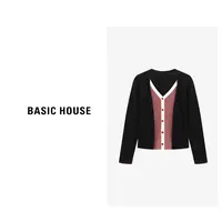 Basic House/百家好秋季新款时尚撞色条纹拼接针织衫-B0625B5KCX2