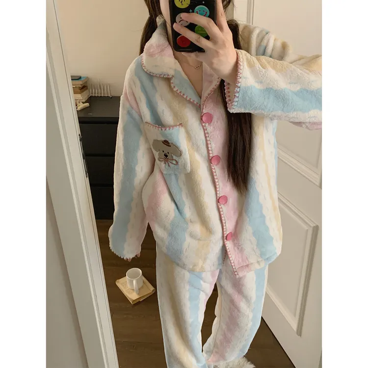 超柔软睡衣女冬季加厚加绒可外穿大象刺绣法兰绒印花家居服套装