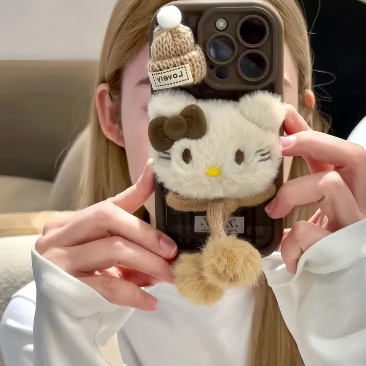 秋冬毛绒凯蒂格纹适用iPhone17/16promax手机壳华为oppo小米vivo