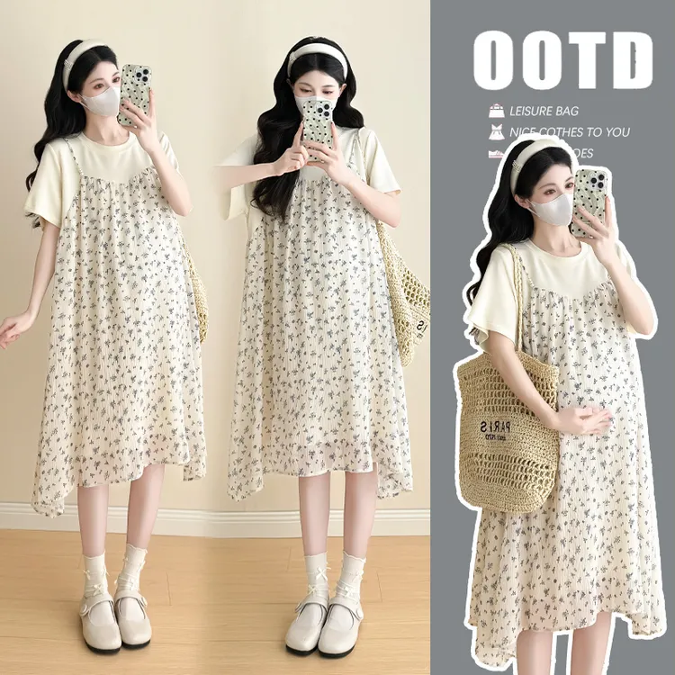 2026夏季新款孕妇装吊带珠珠假两件中长款孕妇连衣裙外穿休闲百搭