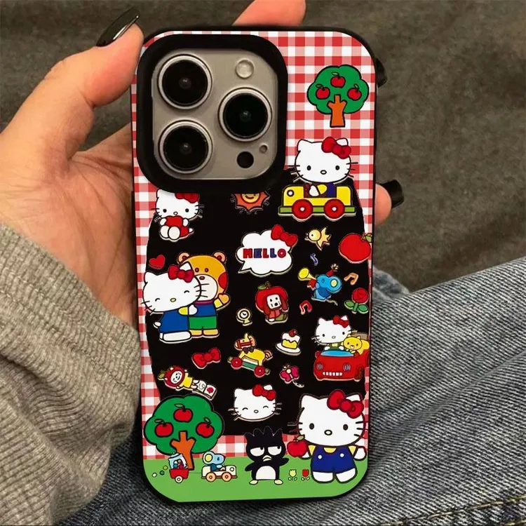 奥菲顿红格纹kt猫适用iPhone16/15pro果冻手机壳华为vivo小米oppo