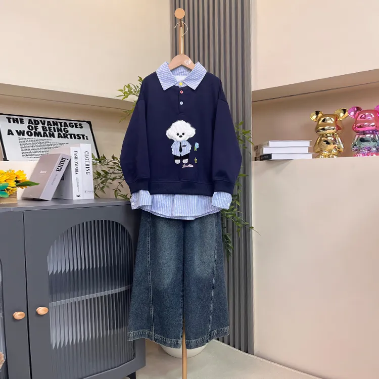 女童假两件秋季洋气套装新款中大童卡通长袖春秋韩版拼接两件套