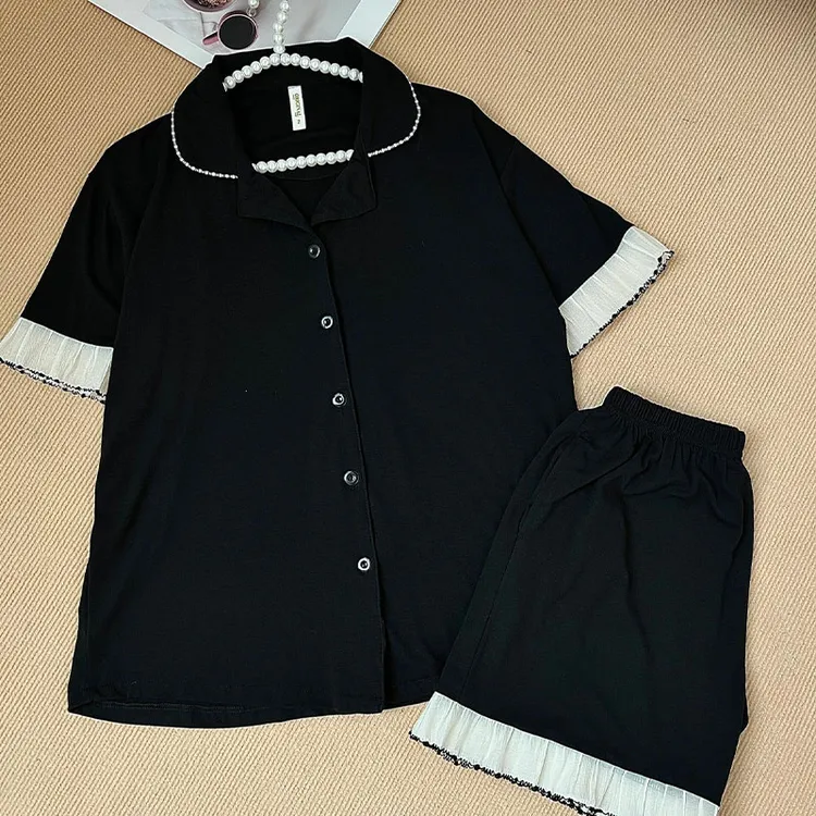 纯欲黑色夏季莫代尔开衫短袖短裤法式花边睡衣两件套家居服可外穿