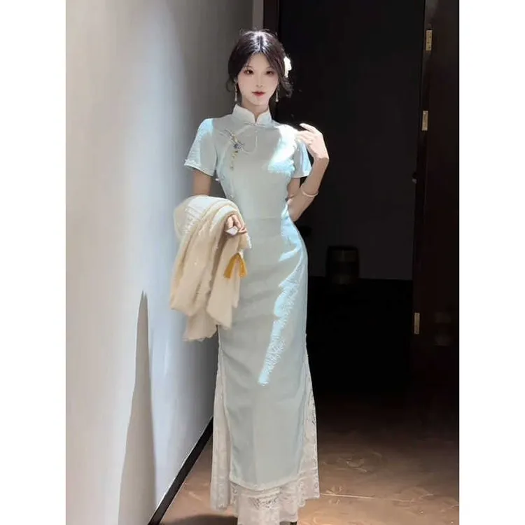 2025新款蓝色夏季复古民国风新中式气质旗袍修身显瘦国风连衣裙女