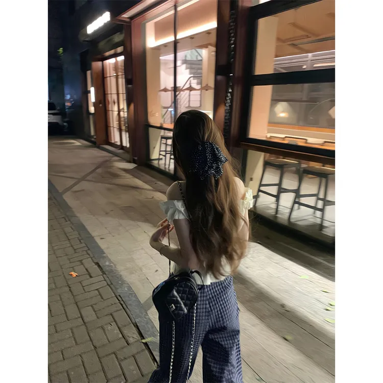 绝美法式波浪一字肩衬衫露肩上衣蓝色格子休闲裤宽松垂感阔腿裤子