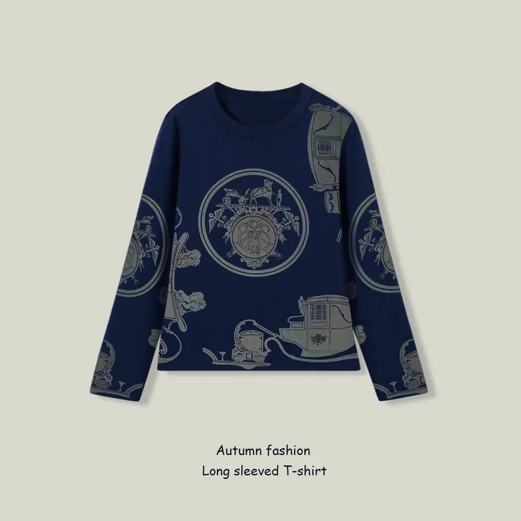 2025秋季新款圆领长袖印花设计感打底衫女时尚百搭休闲复古上衣女