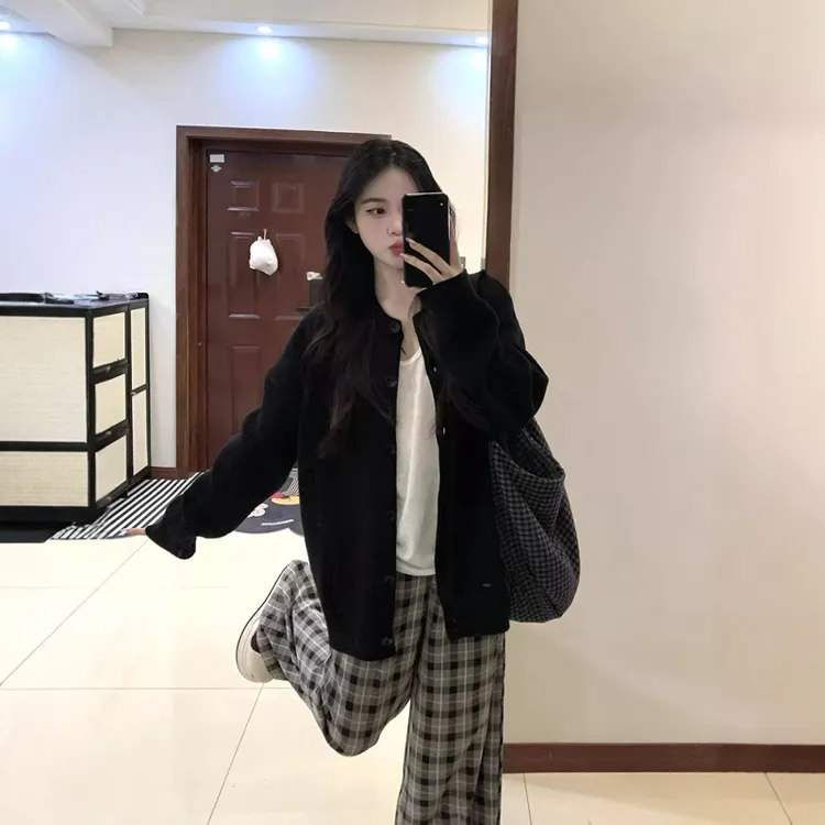 黑色针织开衫女秋冬宽松慵懒风休闲百搭高级感外搭毛衣外套上衣冬
