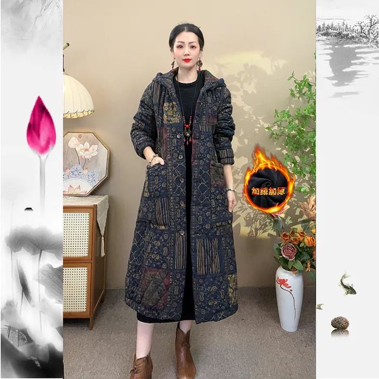  冬季女装加棉加绒加厚宽松长款风衣时尚复古气质连帽棉服外套