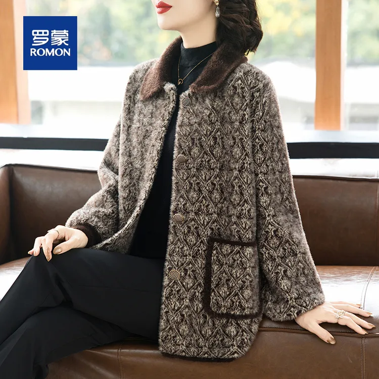 罗蒙妈妈秋装毛呢绒外套洋气高贵50岁中老年妇女秋冬新款宽松上衣
