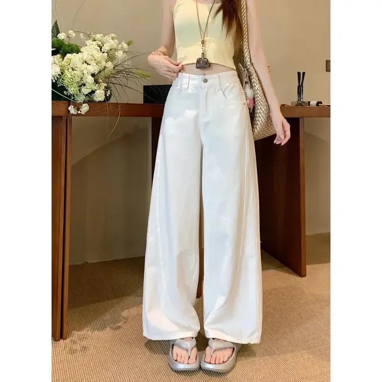 小个子美式设计感白色牛仔裤女夏季高腰宽松垂感弯刀阔腿拖地裤子