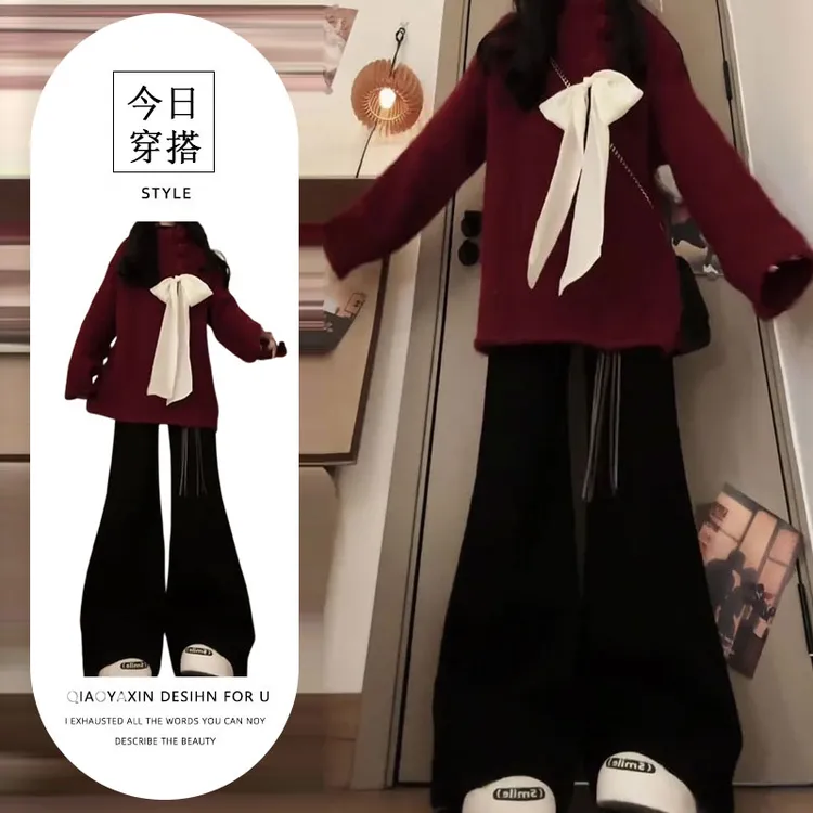 2025秋冬新款韩系圣诞氛围感蝴蝶结红色毛衣搭配加绒微喇裤两件套