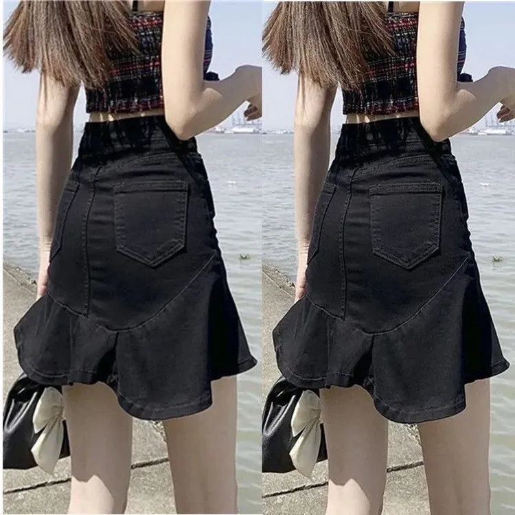 不规则鱼尾裙半身裙女爆款仿牛仔高腰a字辣妹休闲短裙显瘦百搭