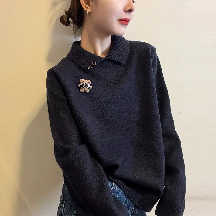 【80-180斤】POLO领卡通设计感针织上衣女秋冬季小众洋气毛衣打底衫