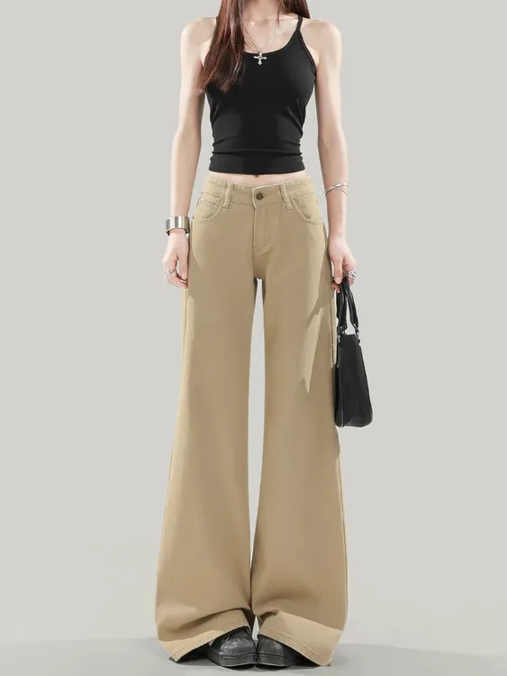 美式卡其色微喇牛仔裤女2025炸街潮款裤子不贴腿宽松阔腿喇叭裤秋