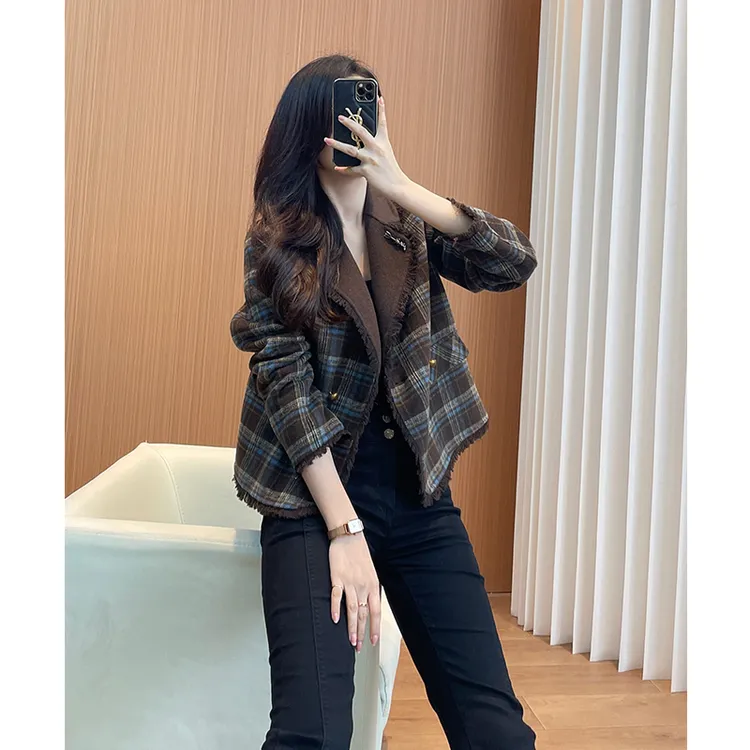 复古双面羊绒大衣女2025新款欧货高端短款小个子格子羊毛毛呢外套
