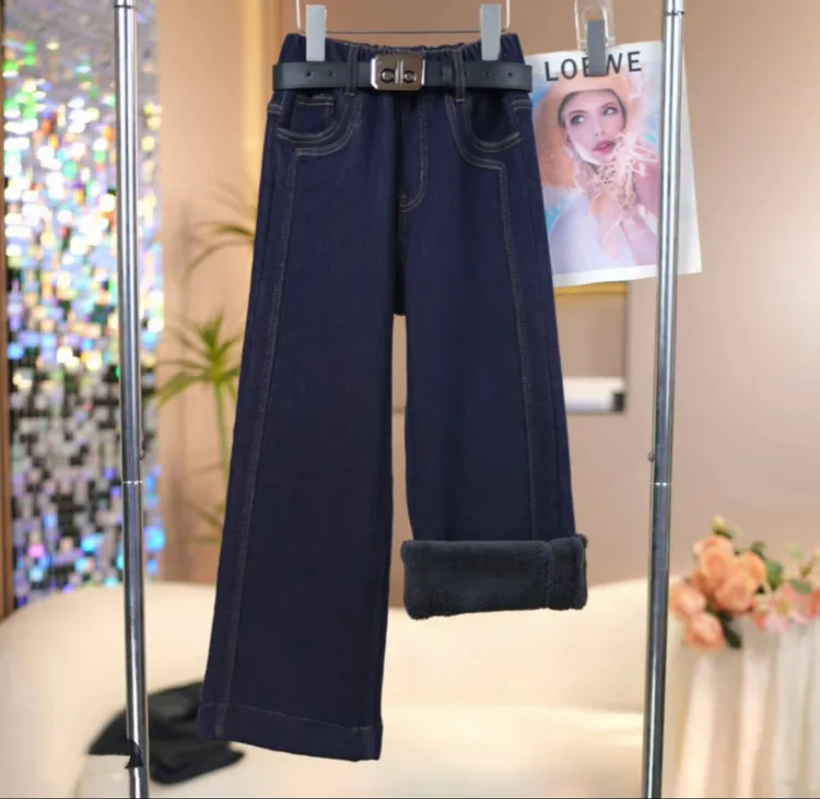 女童【特厚糕糕绒】净色拼接牛仔裤2025冬季新款中大童加绒直筒裤子