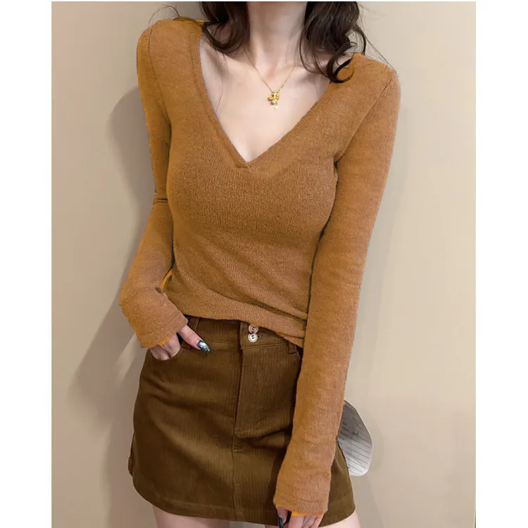 迪士意自发热打底衫女轻薄款秋冬V领洋气上衣长袖纯色修身显瘦