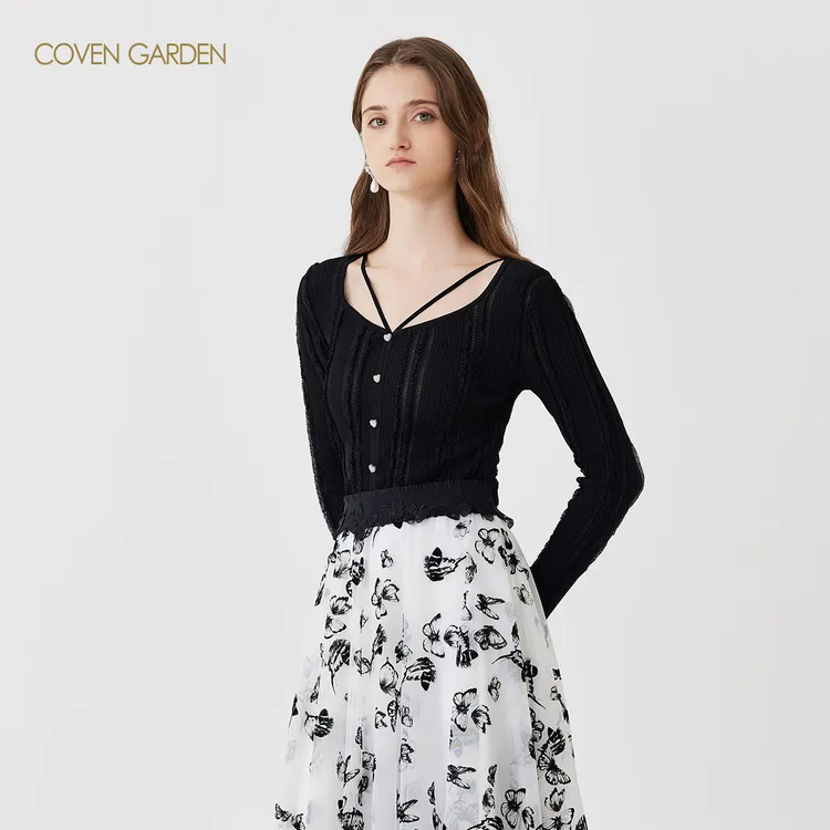 哥文花园 百搭挂脖领毛绒边针织衫女 CLA1033140