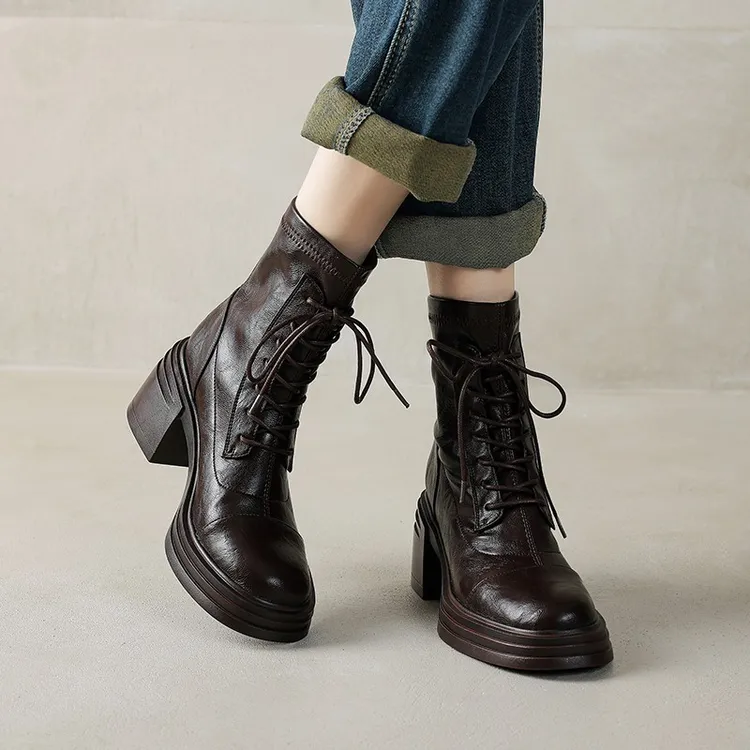 牛皮版~复古英伦风小个子厚底粗高跟弹力瘦瘦靴时装短靴女马丁靴