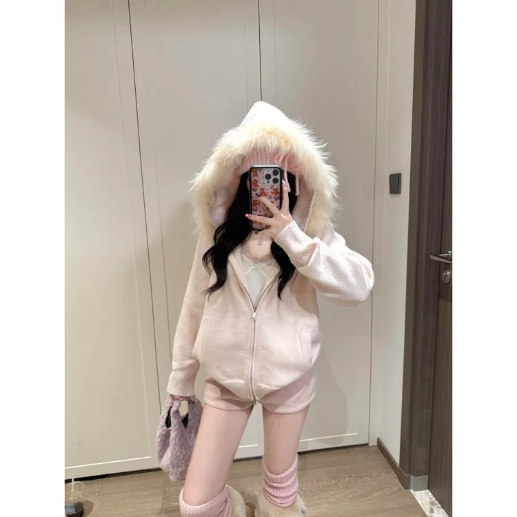 韩系慵懒风宽松百搭毛领连帽外套秋冬新款休闲气质显瘦短裤两件套