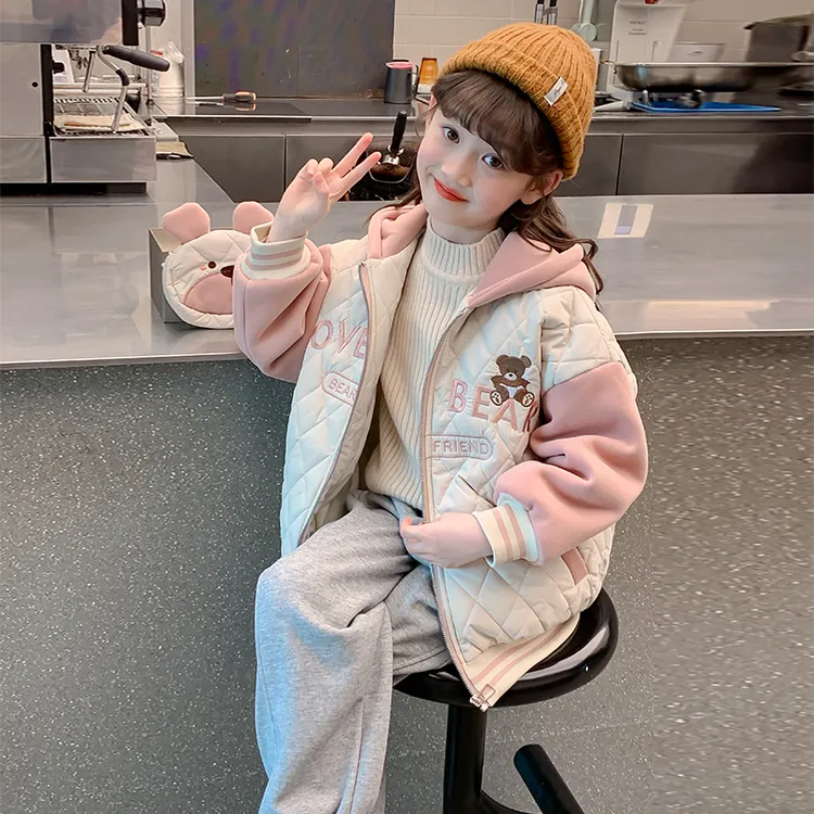 女童夹棉外套秋冬款2025新款洋气儿童加厚冬装小女孩冬季连帽上衣