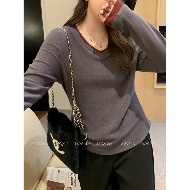 现货大婉酱微胖定制【晨雾时光】韩系洋气正肩V领假两件上衣女3003D