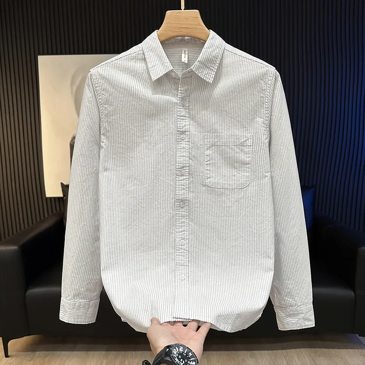 春秋季新款条纹长袖衬衫男宽松休闲潮流帅气翻领纯棉男装衬衣外套