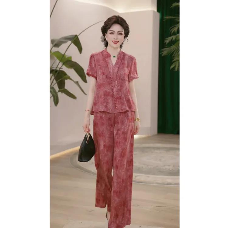 2025新款夏季妈妈装薄款时尚套装气质衬衣女装洋气减龄T恤两件套