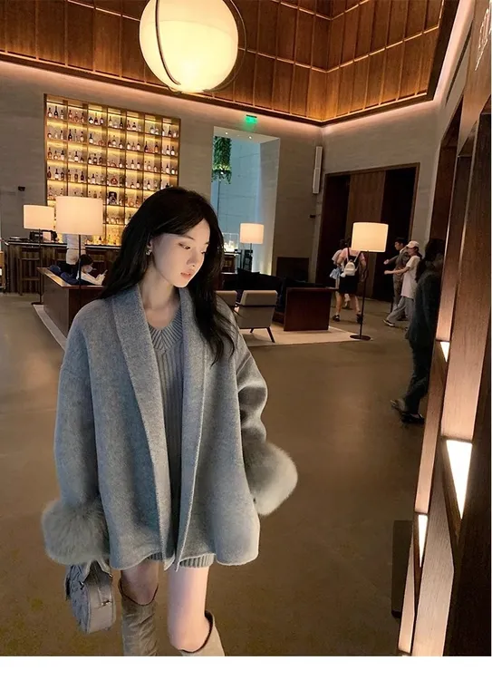 千金公主真狐狸毛袖皮草双面羊毛大衣高级女小个子可拆卸毛呢外套